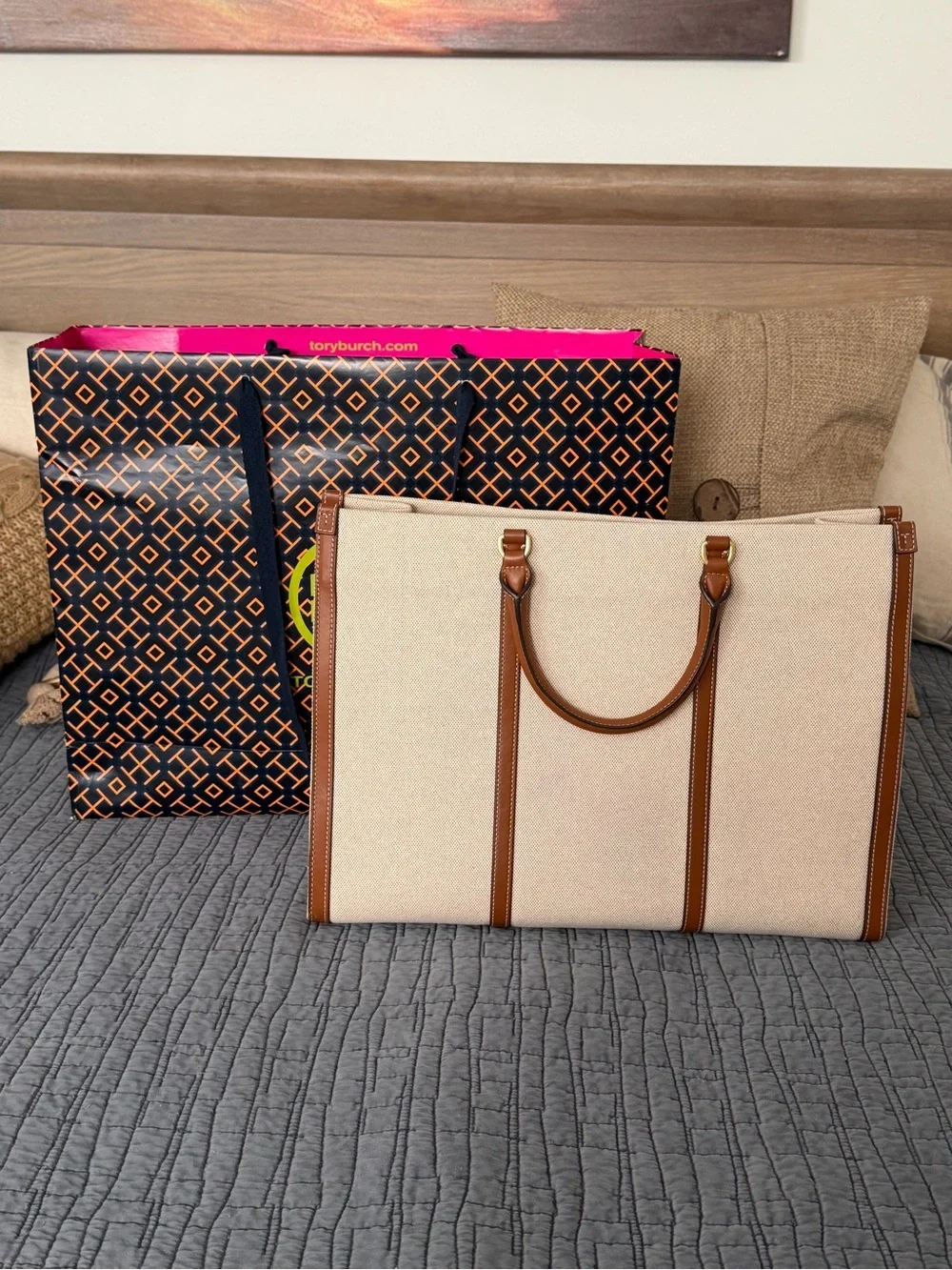 Tory Burch Blake Canvas Tote with Brown Leather Trim